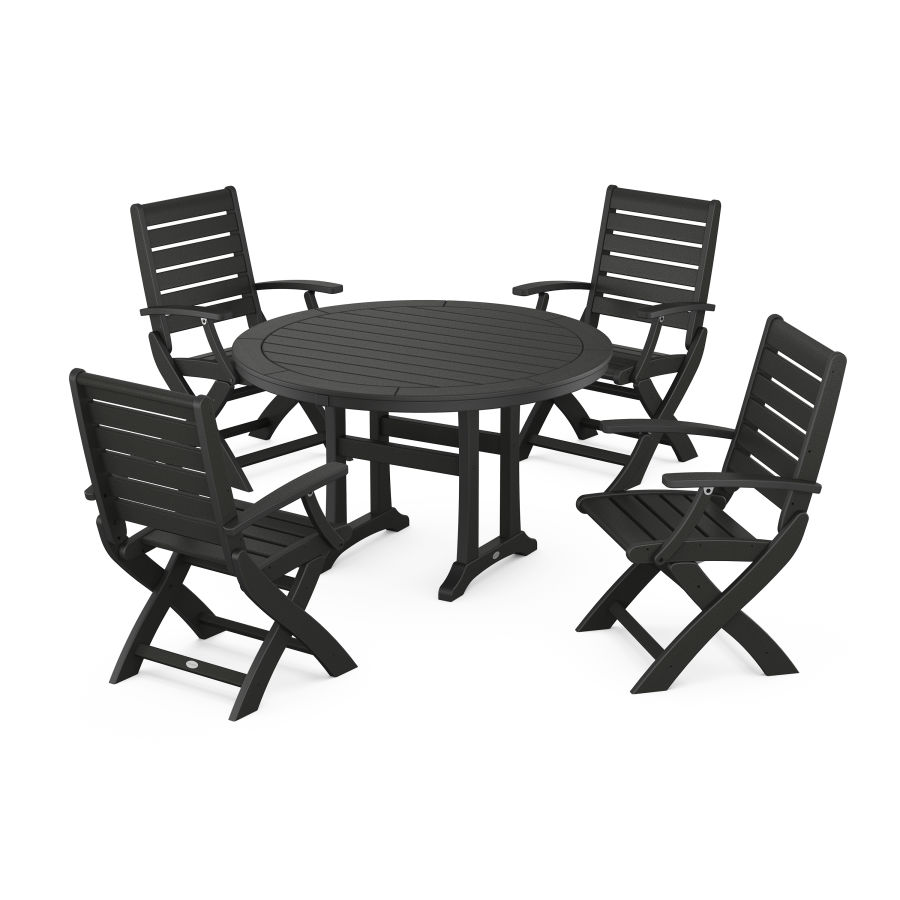 POLYWOOD Signature Folding Chair 5-Piece Round Dining Set with Trestle Legs in Black