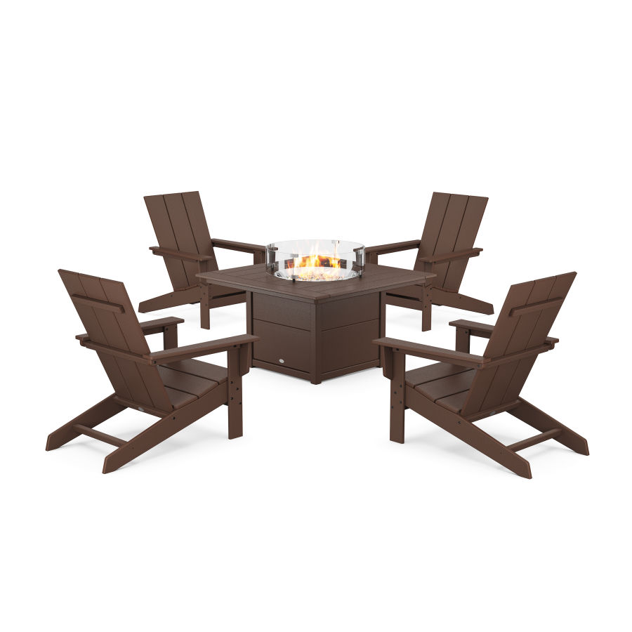 POLYWOOD 5-Piece Modern Studio Adirondack Conversation Set with Fire Pit Table in Mahogany