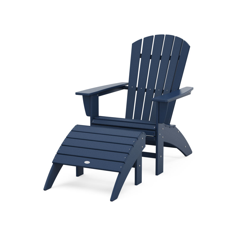 POLYWOOD Nautical Curveback Adirondack Chair 2-Piece Set with Ottoman in Navy