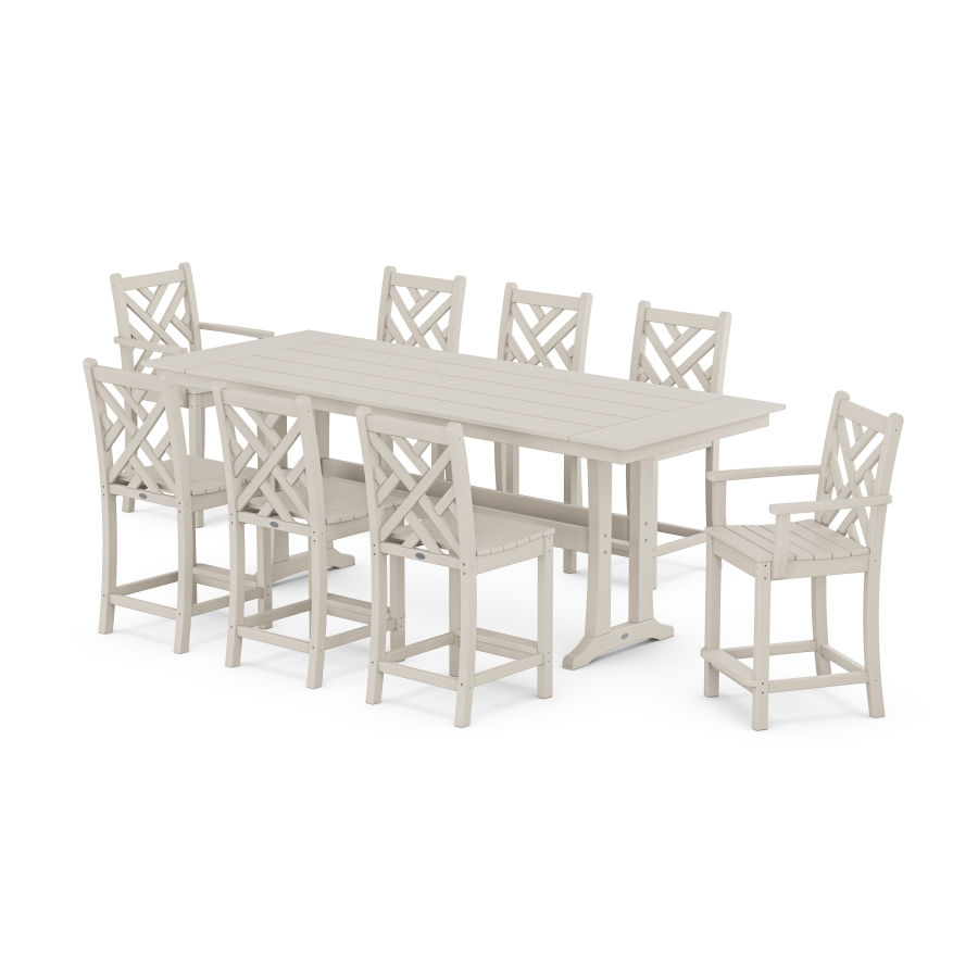 POLYWOOD Chippendale 9-Piece Farmhouse Counter Set with Trestle Legs in Sand