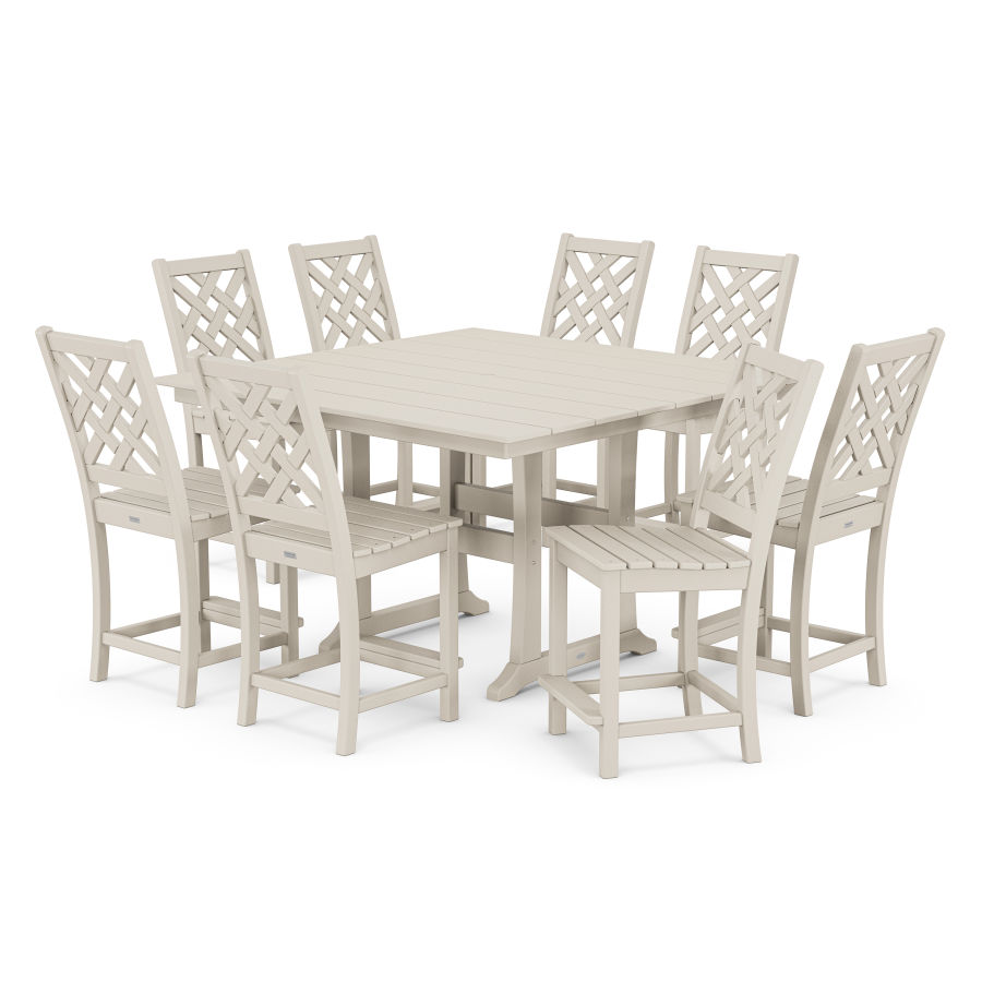 POLYWOOD Wovendale Side Chair 9-Piece Square Farmhouse Counter Set with Trestle Legs in Sand