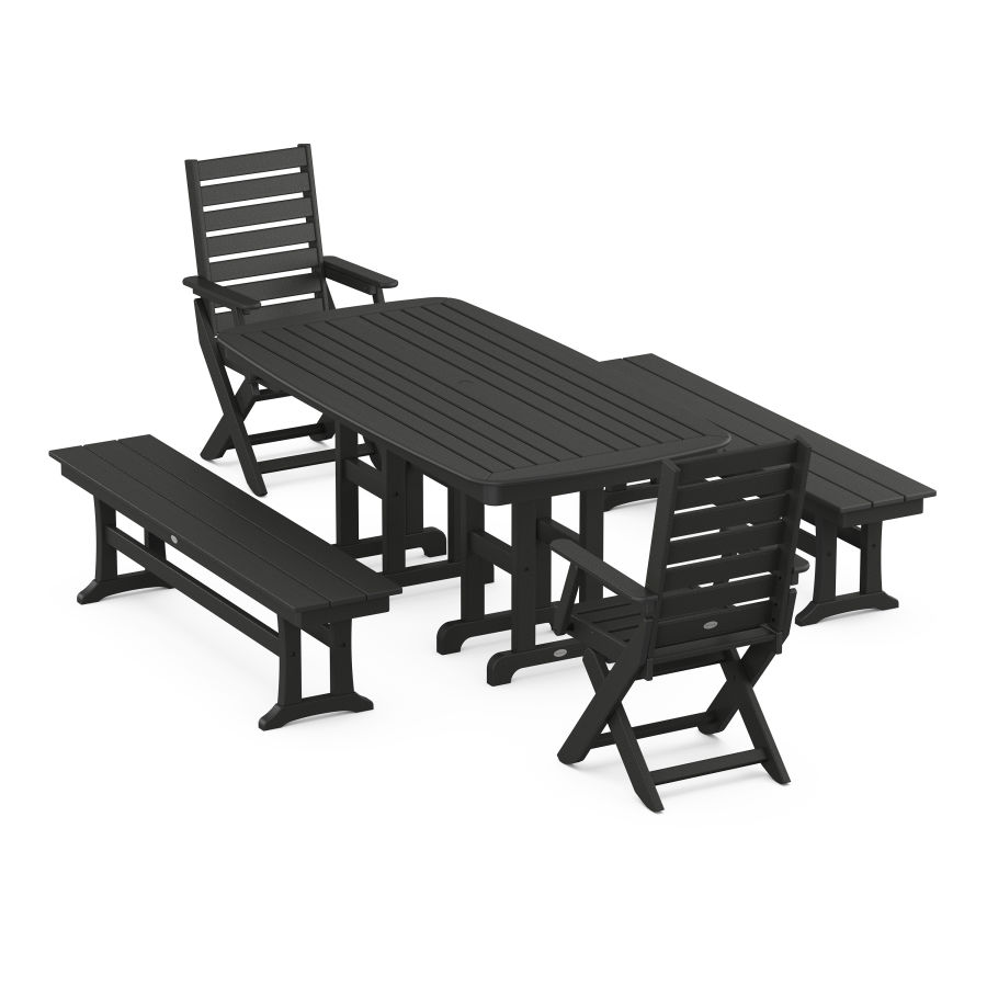 POLYWOOD Captain Folding Chair 5-Piece Dining Set with Benches in Black