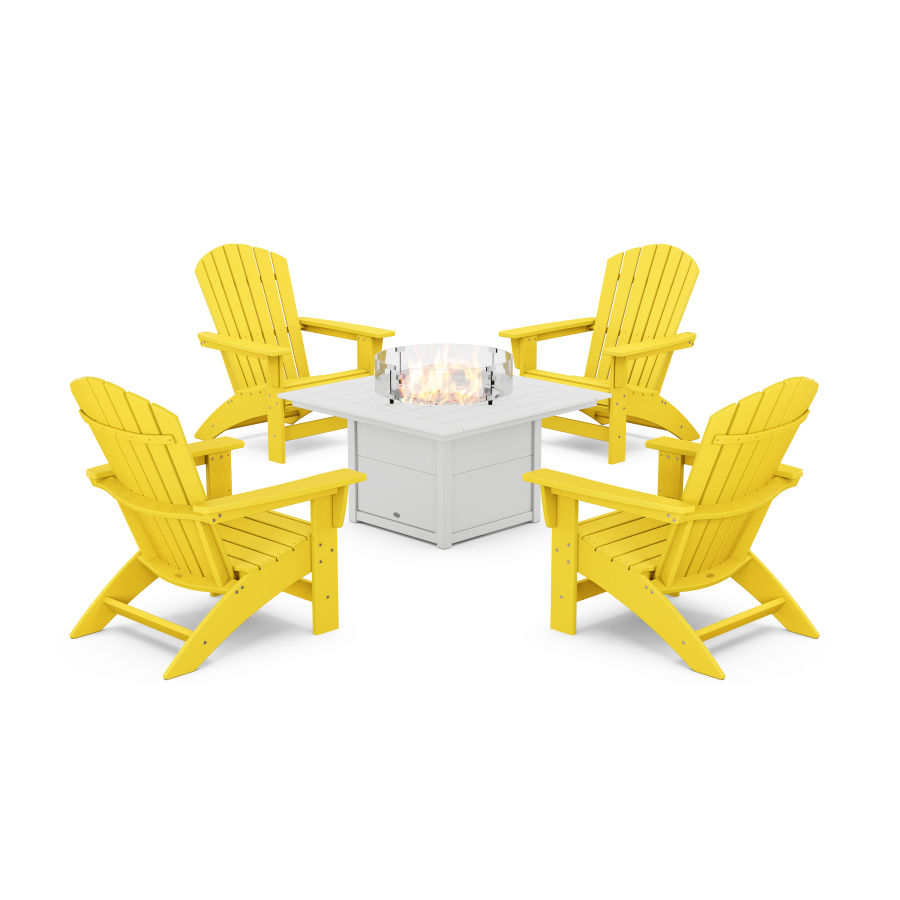 POLYWOOD 5-Piece Nautical Grand Adirondack Conversation Set with Fire Pit Table in Lemon / White