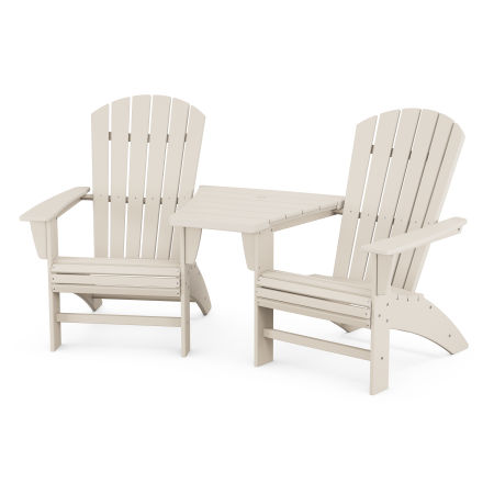 Nautical 3-Piece Curveback Adirondack Set with Angled Connecting Table in Sand