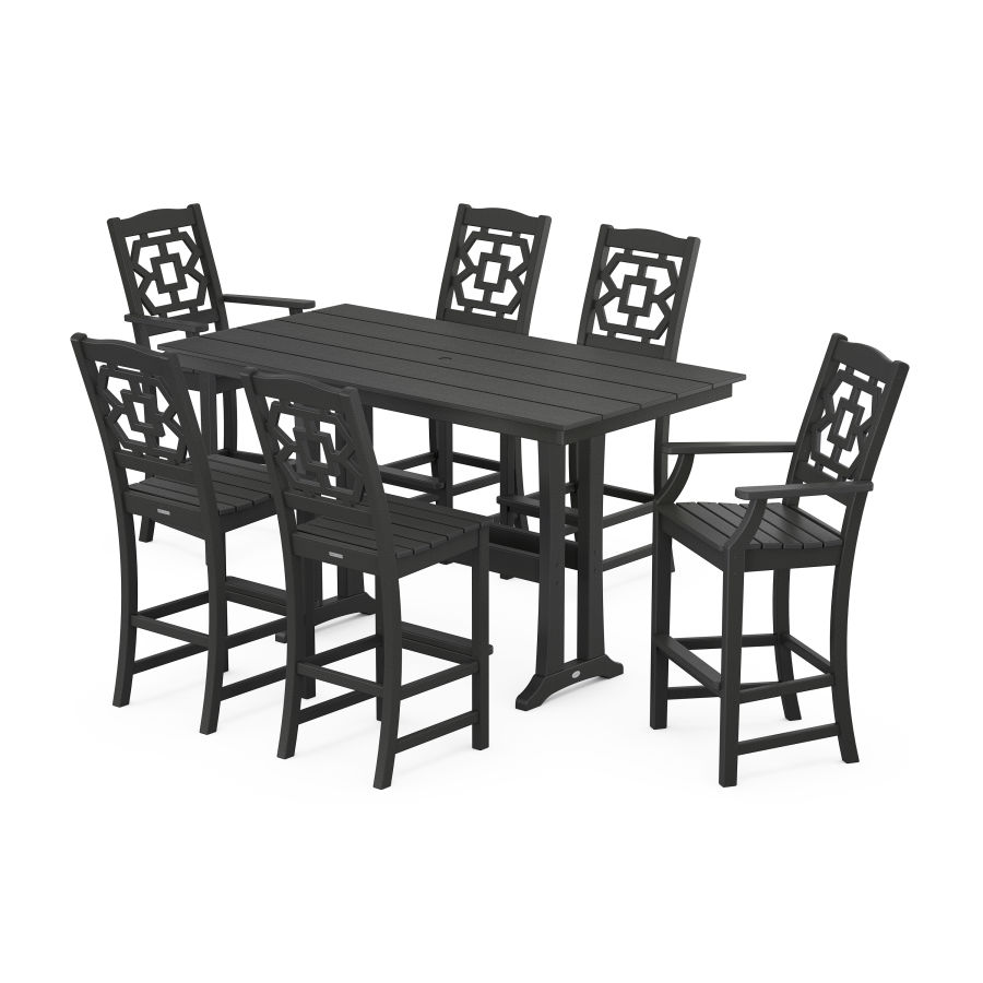 POLYWOOD Chinoiserie 7-Piece Farmhouse Bar Set with Trestle Legs in Black
