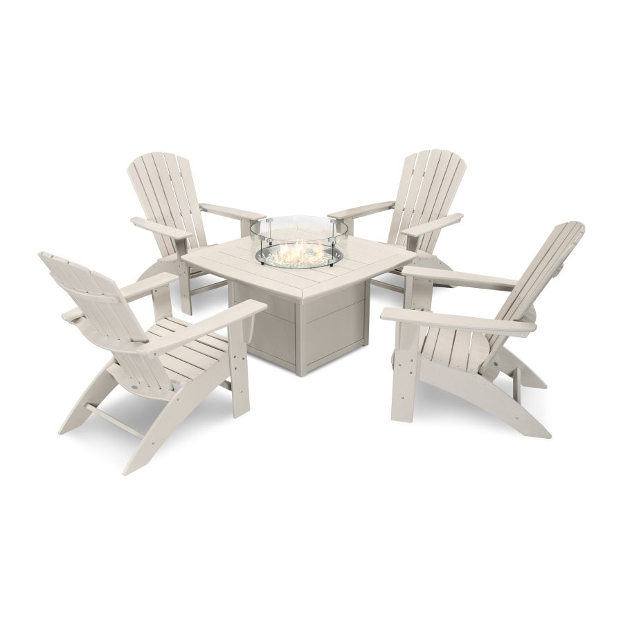 POLYWOOD Nautical Curveback Adirondack 5-Piece Conversation Set with Fire Pit Table in Sand
