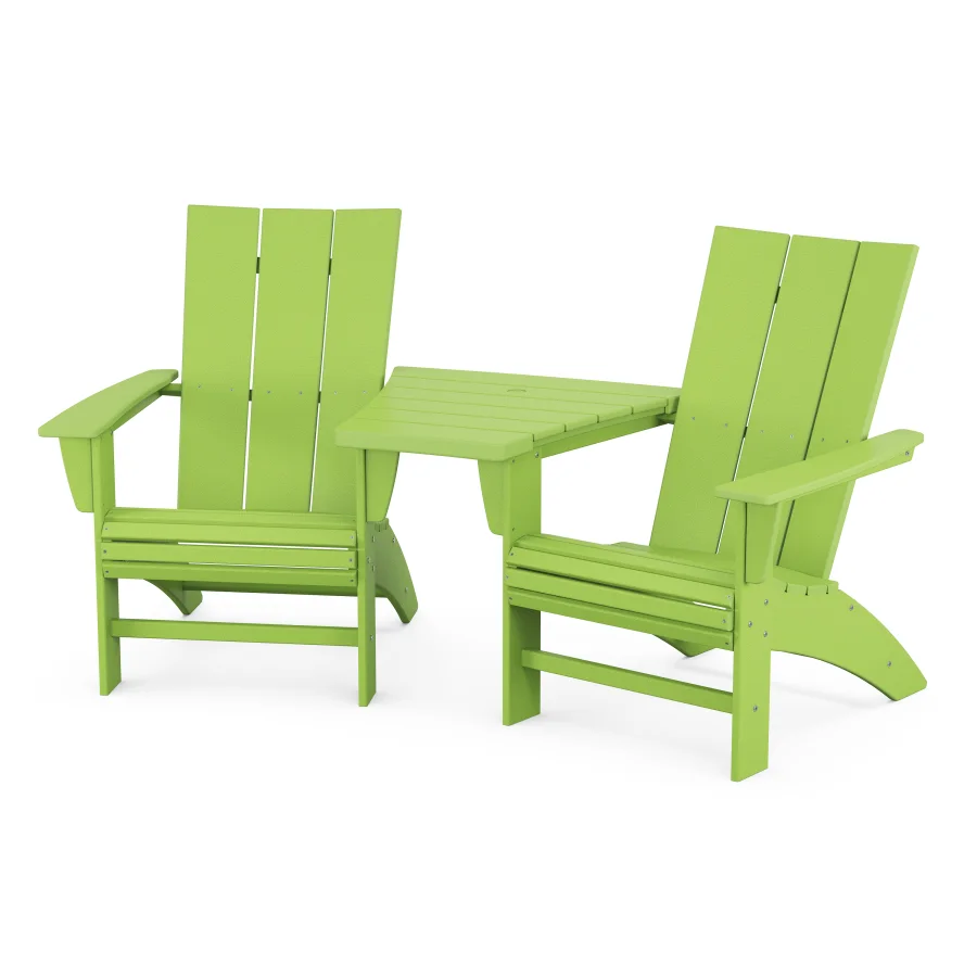 POLYWOOD Modern 3-Piece Curveback Adirondack Set with Angled Connecting Table in Lime