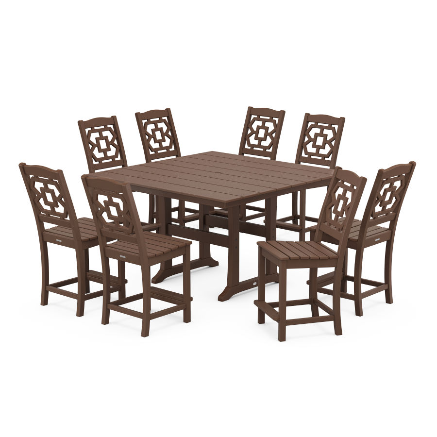 POLYWOOD Chinoiserie 9-Piece Square Farmhouse Side Chair Counter Set with Trestle Legs in Mahogany