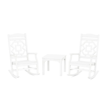 POLYWOOD Chinoiserie 3-Piece Rocking Chair Set in White