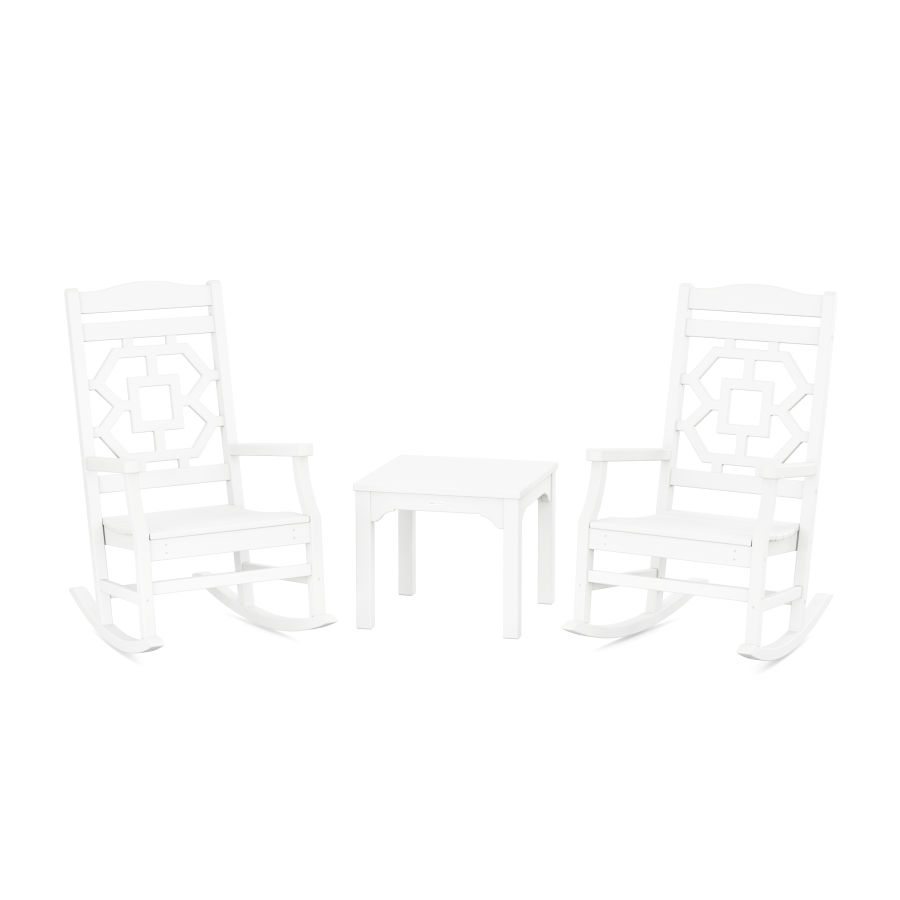 POLYWOOD Chinoiserie 3-Piece Rocking Chair Set in White