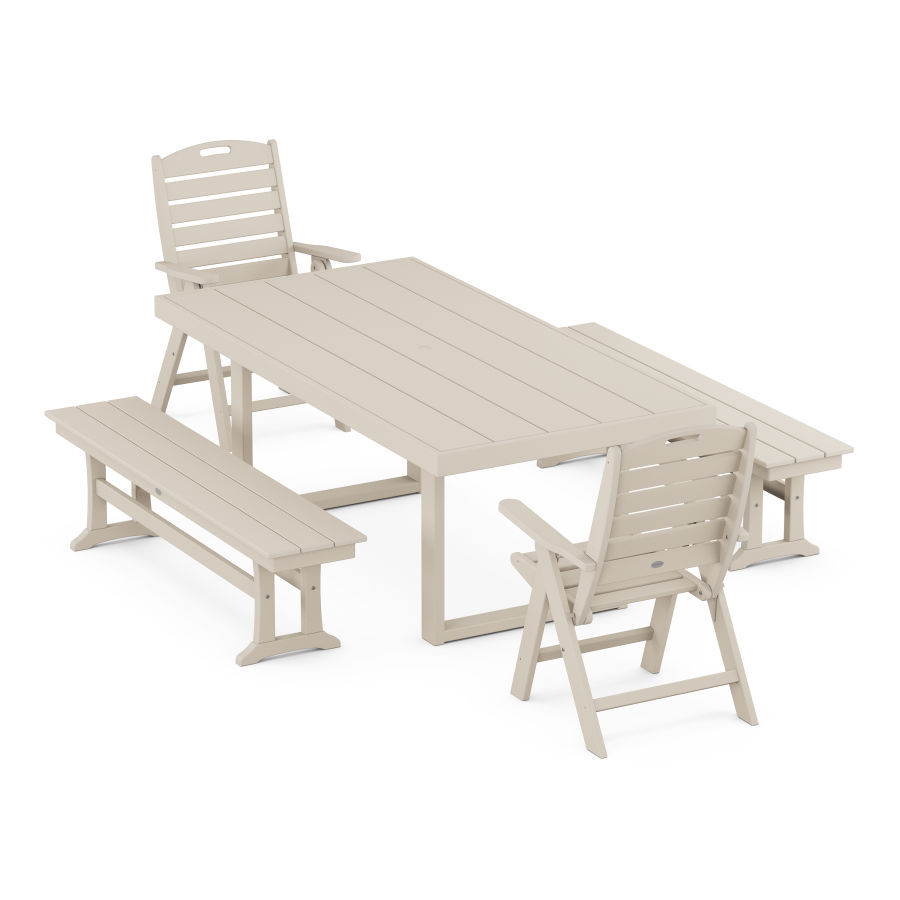 POLYWOOD Nautical Folding Highback 5-Piece Dining Set with Trestle Legs in Sand