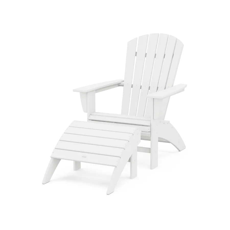 POLYWOOD Nautical Curveback Adirondack Chair 2-Piece Set with Ottoman in White