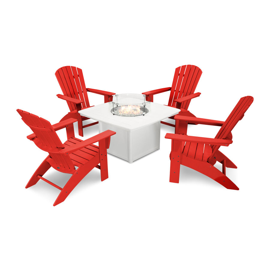 POLYWOOD Nautical Curveback Adirondack 5-Piece Conversation Set with Fire Pit Table in Sunset Red / White