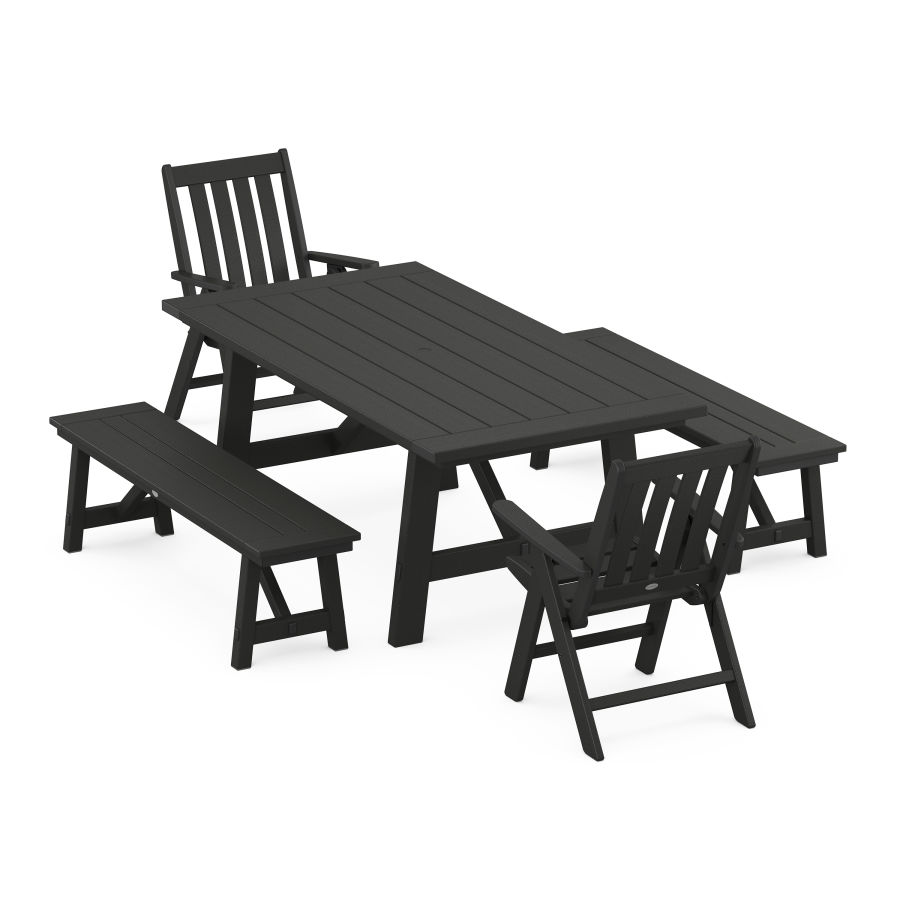 POLYWOOD Vineyard Folding 5-Piece Rustic Farmhouse Dining Set With Trestle Legs in Black