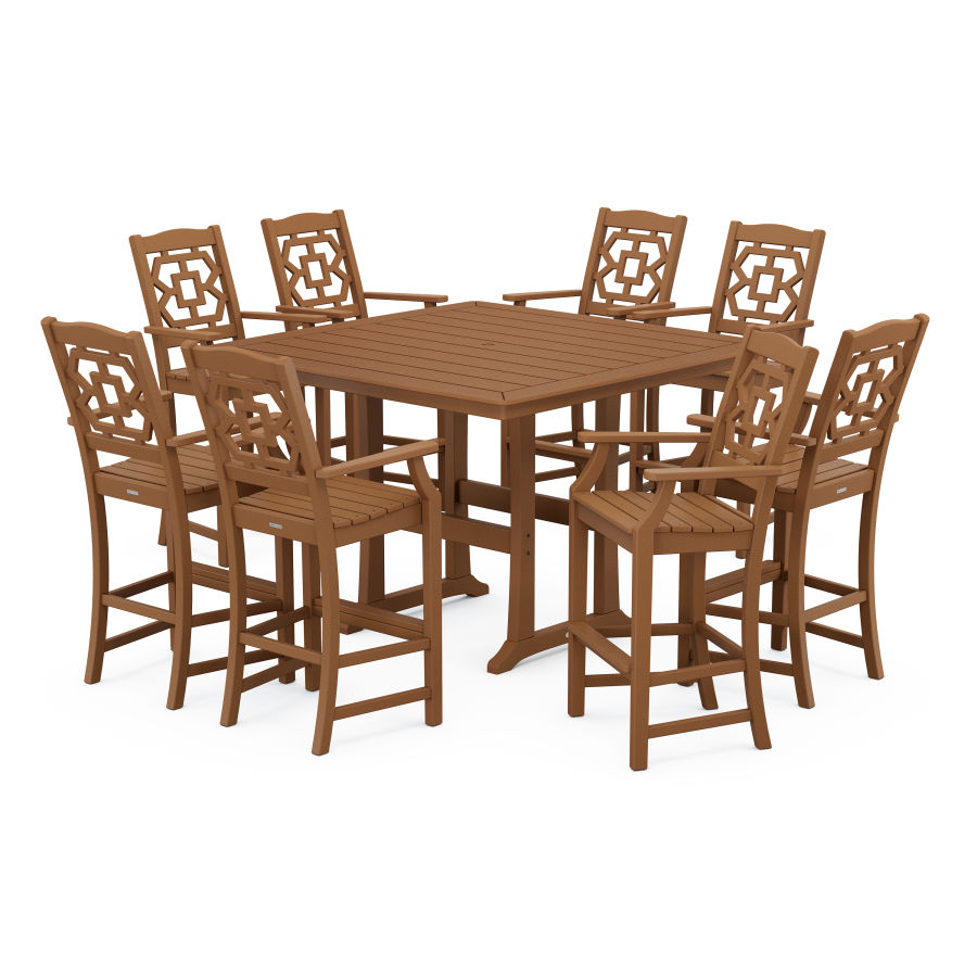 POLYWOOD Chinoiserie 9-Piece Square Bar Set with Trestle Legs in Teak