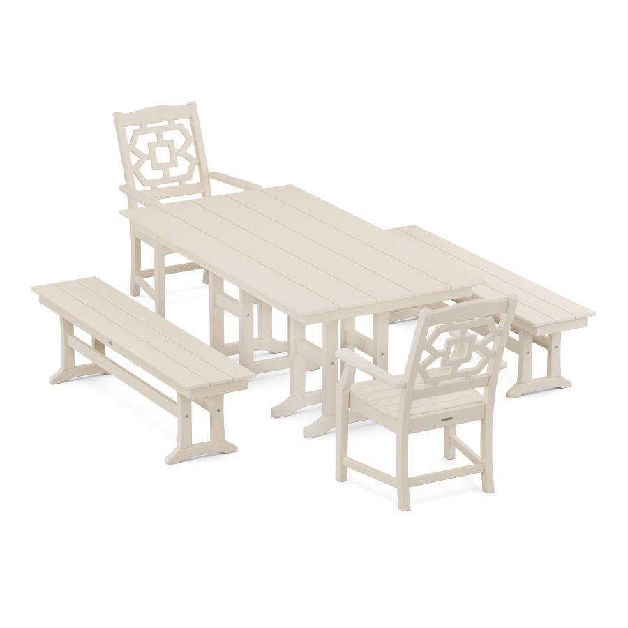 POLYWOOD Chinoiserie 5-Piece Farmhouse Dining Set with Benches in Sand
