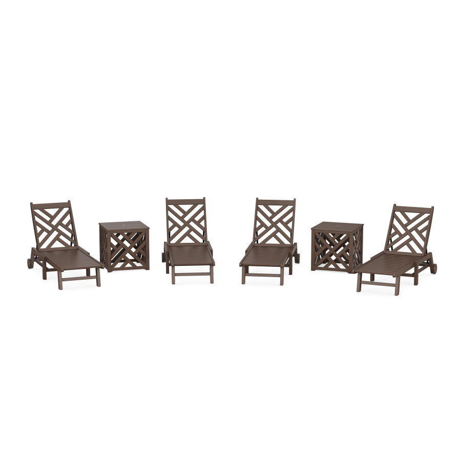 POLYWOOD Chippendale 6-Piece Chaise Set with Wheels and Umbrella Stand Accent Table in Mahogany