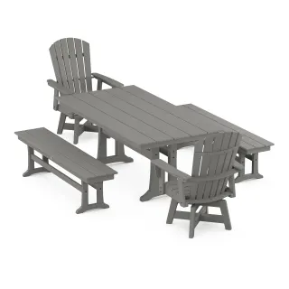 POLYWOOD Nautical Curveback Adirondack Swivel Chair 5-Piece Farmhouse Dining Set With Trestle Legs and Benches