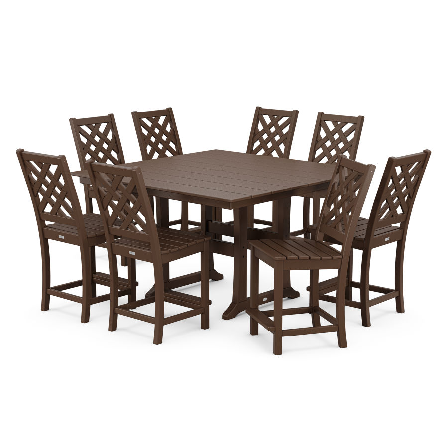 POLYWOOD Wovendale Side Chair 9-Piece Square Farmhouse Counter Set with Trestle Legs in Mahogany