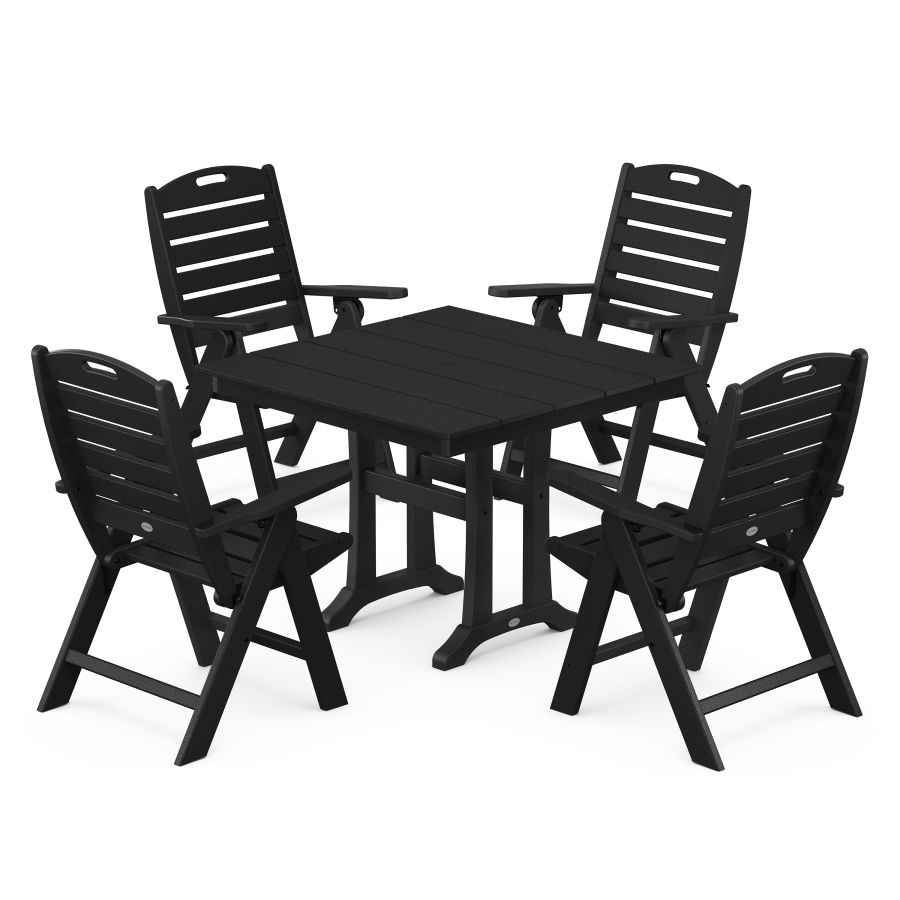 POLYWOOD Nautical Folding Highback Chair 5-Piece Farmhouse Trestle Dining Set in Black