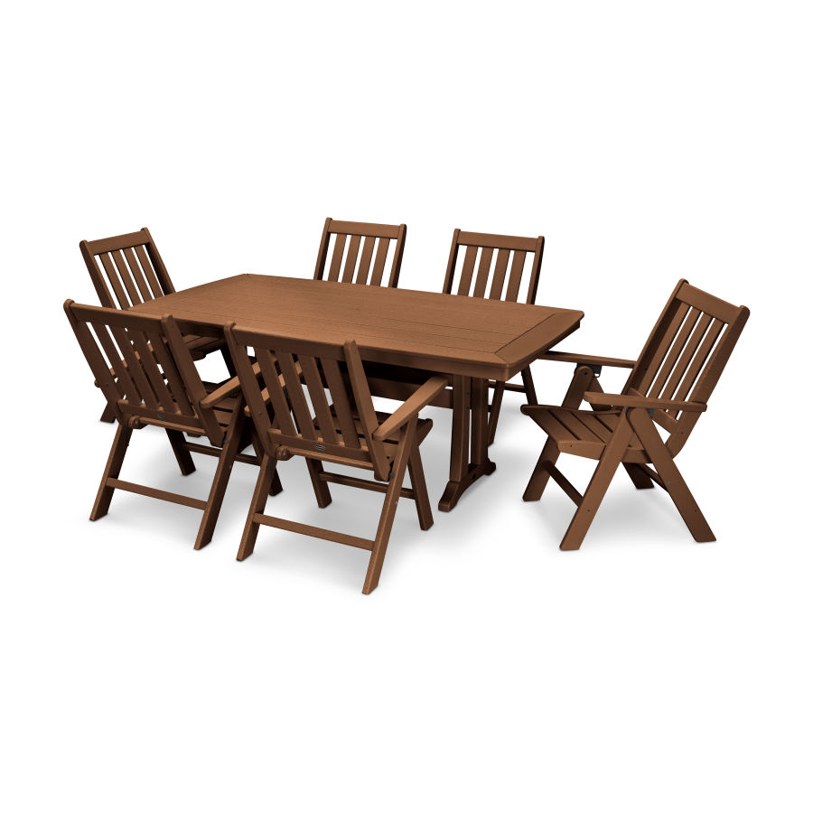 POLYWOOD Vineyard Folding Chair 7-Piece Dining Set with Trestle Legs in Teak