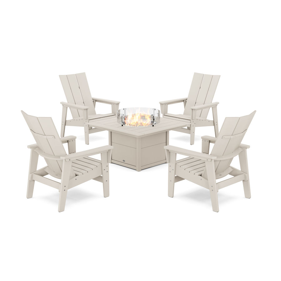 POLYWOOD 5-Piece Modern Grand Upright Adirondack Conversation Set with Fire Pit Table in Sand