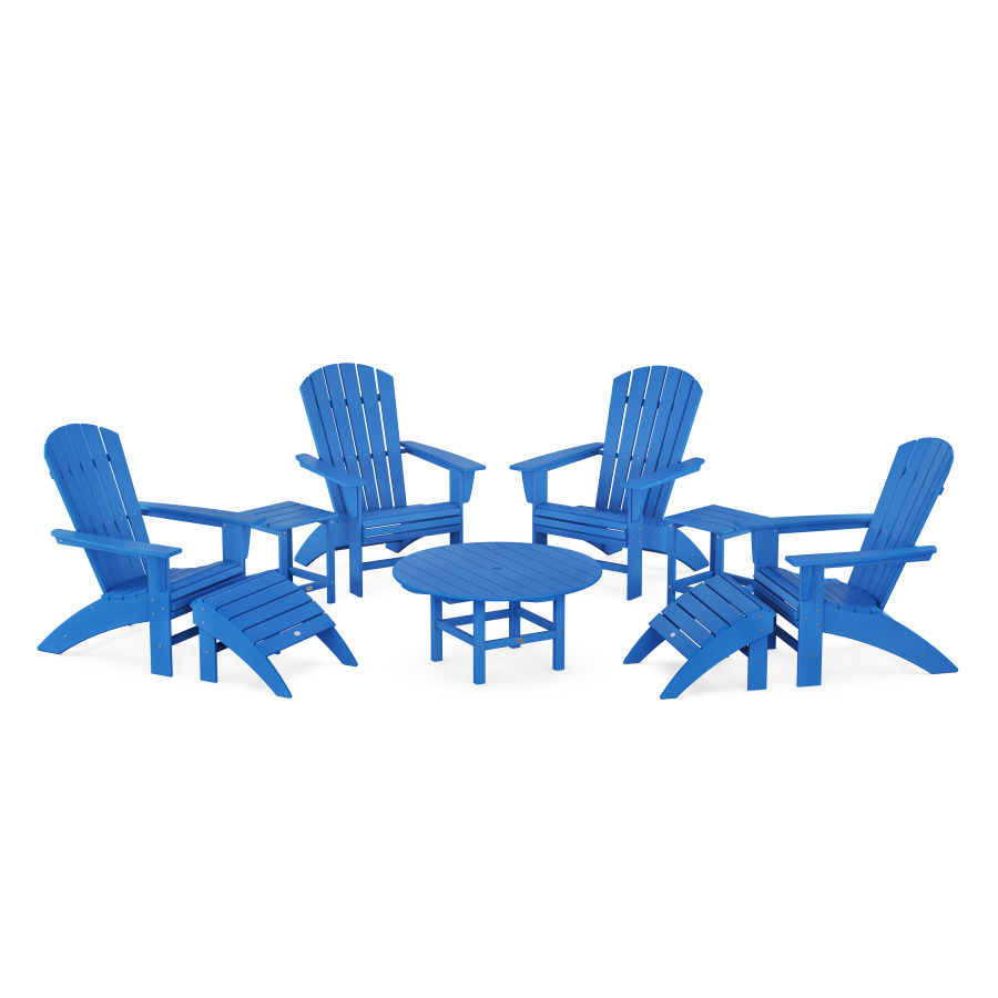 POLYWOOD Nautical Curveback Adirondack Chair 9-Piece Conversation Set in Pacific Blue