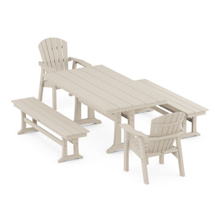 Seashell 5-Piece Farmhouse Dining Set With Trestle Legs in Sand