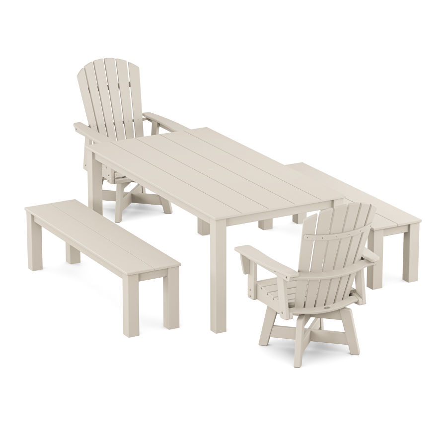 POLYWOOD Nautical Curveback Adirondack Swivel 5-Piece Parsons Dining Set with Benches in Sand