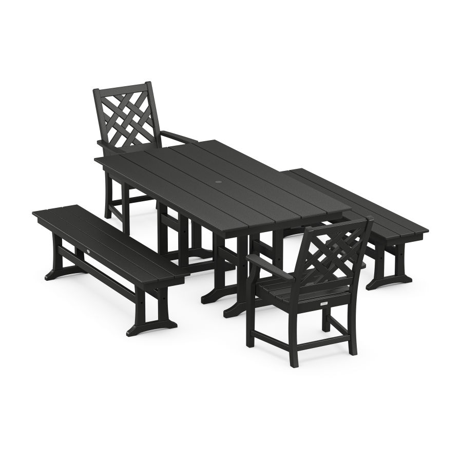 POLYWOOD Wovendale 5-Piece Farmhouse Dining Set with Benches in Black