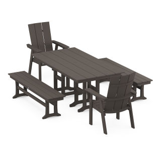 POLYWOOD Modern Curveback Adirondack 5-Piece Farmhouse Dining Set with Benches in Vintage Finish