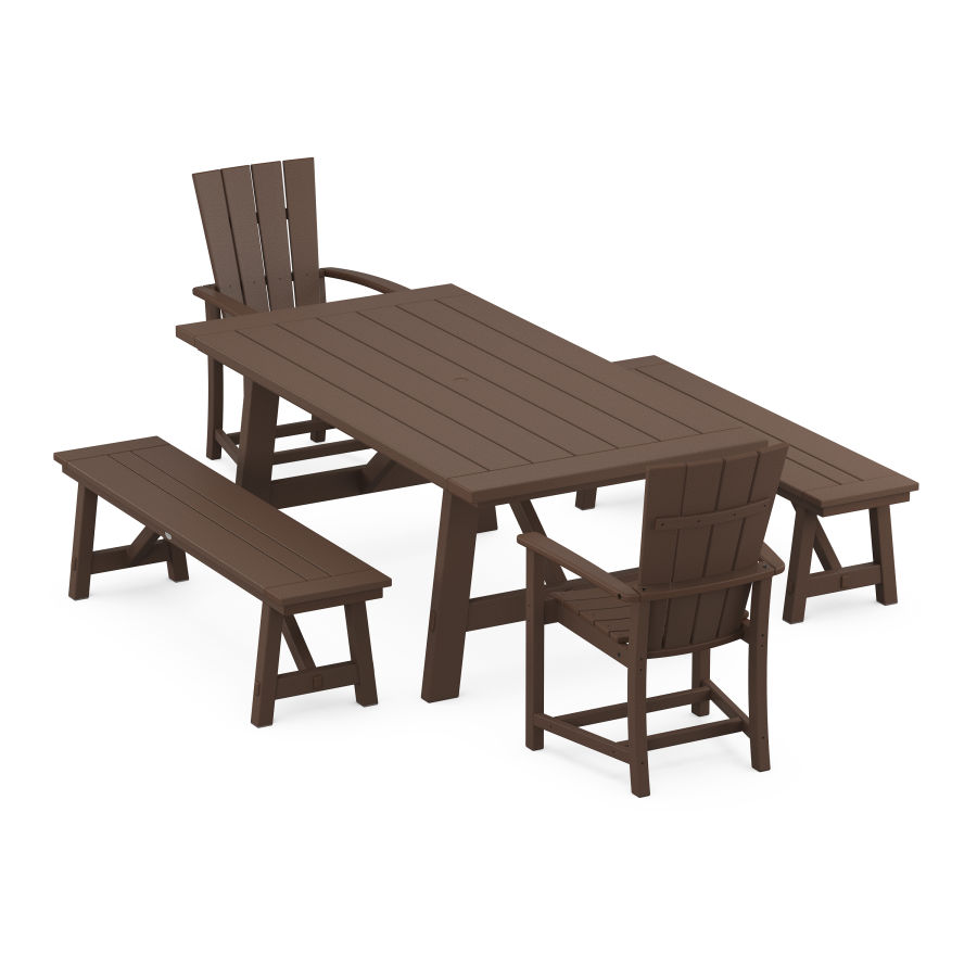POLYWOOD Quattro 5-Piece Rustic Farmhouse Dining Set With Trestle Legs in Mahogany
