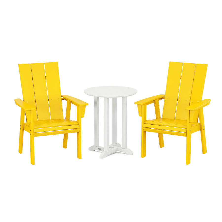 POLYWOOD Modern Curveback Adirondack 3-Piece Round Dining Set in Lemon / White