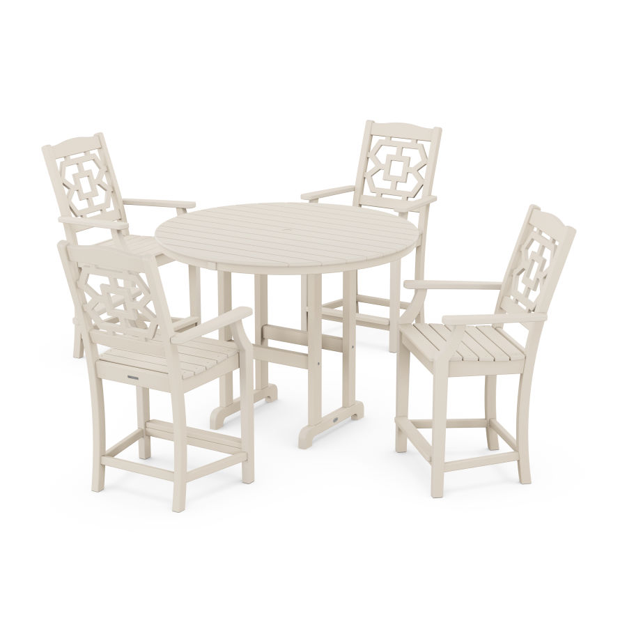 POLYWOOD Chinoiserie 5-Piece Round Farmhouse Counter Set in Sand