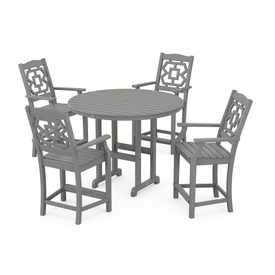 POLYWOOD Chinoiserie 5-Piece Round Farmhouse Counter Set in Slate Grey