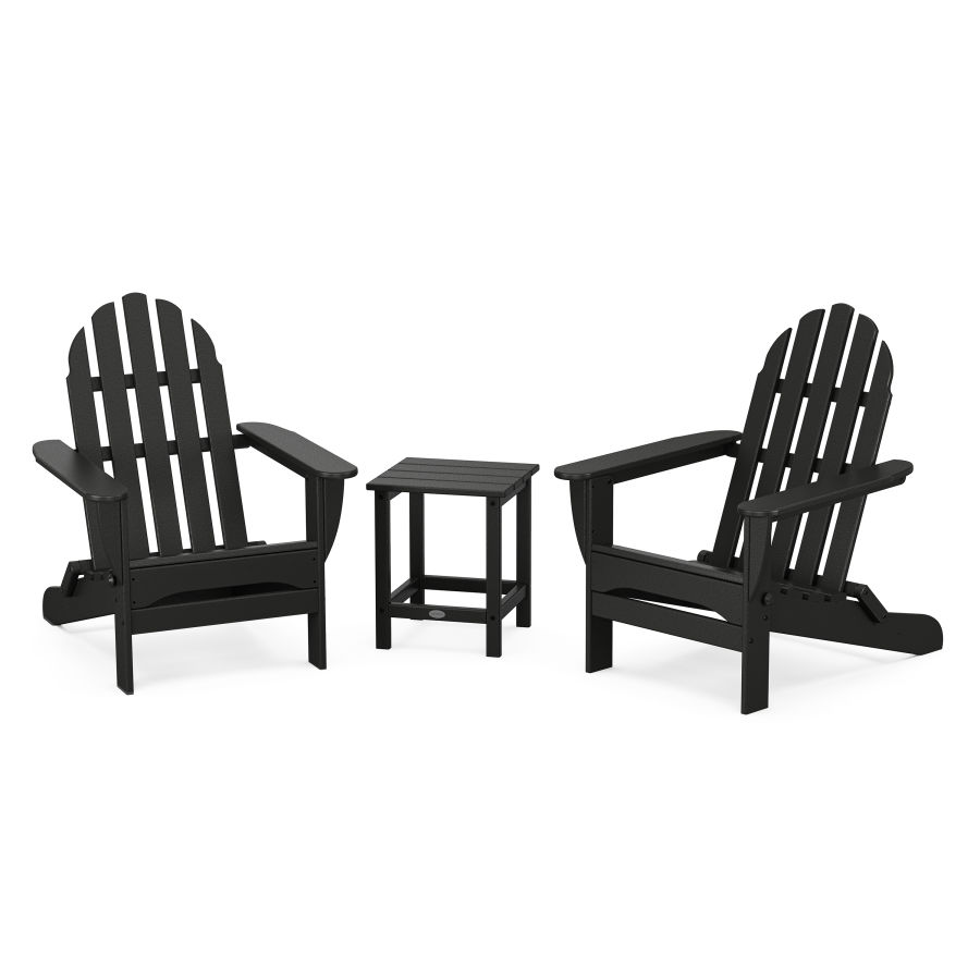 POLYWOOD Classic Folding Adirondack 3-Piece Set with Long Island 18" Side Table in Black