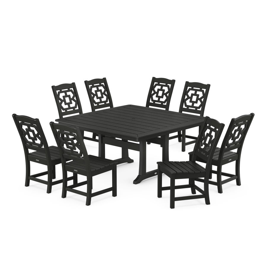 POLYWOOD Chinoiserie 9-Piece Square Side Chair Dining Set with Trestle Legs in Black