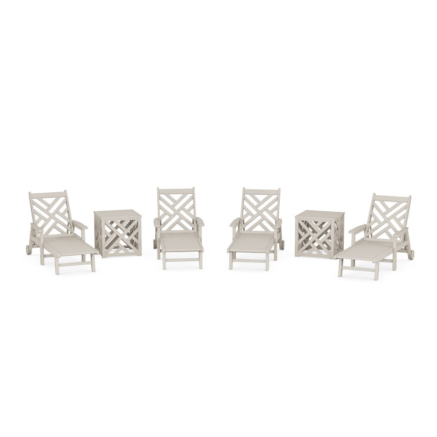 POLYWOOD Chippendale 6-Piece Chaise Set with Umbrella Stand Accent Table in Sand