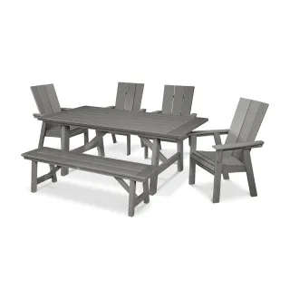 POLYWOOD Modern Curveback Adirondack 6-Piece Rustic Farmhouse Dining Set with Bench