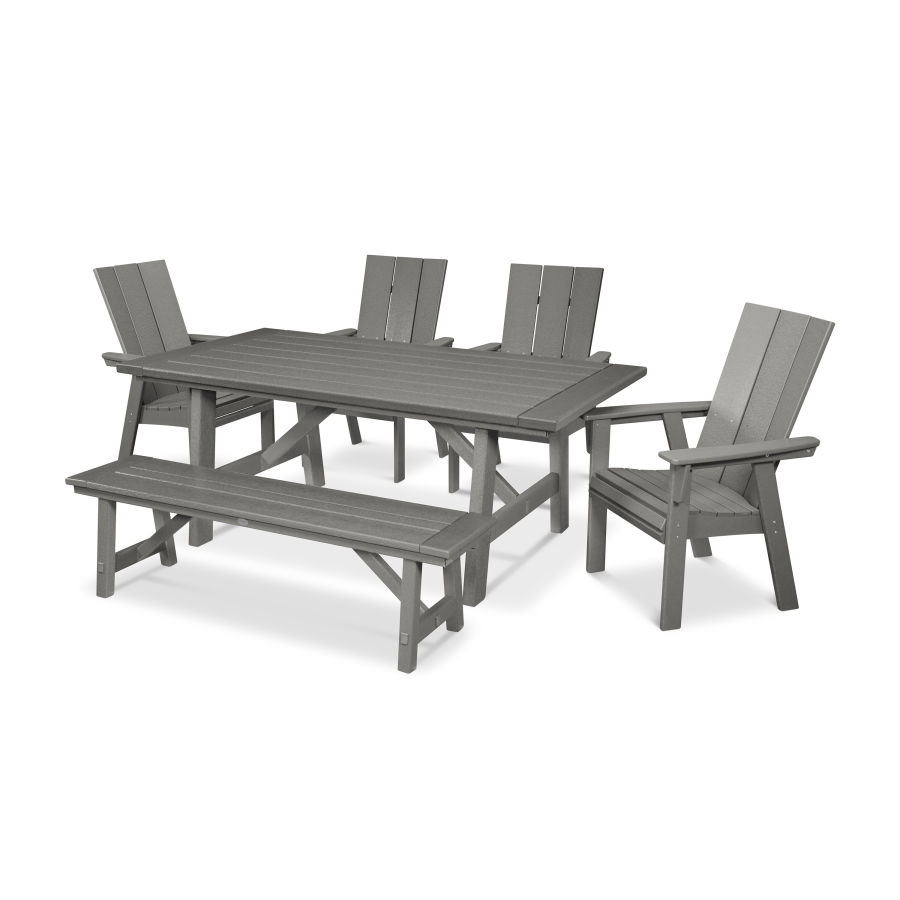 POLYWOOD Modern Adirondack 6-Piece Rustic Farmhouse Dining Set with Bench in Slate Grey