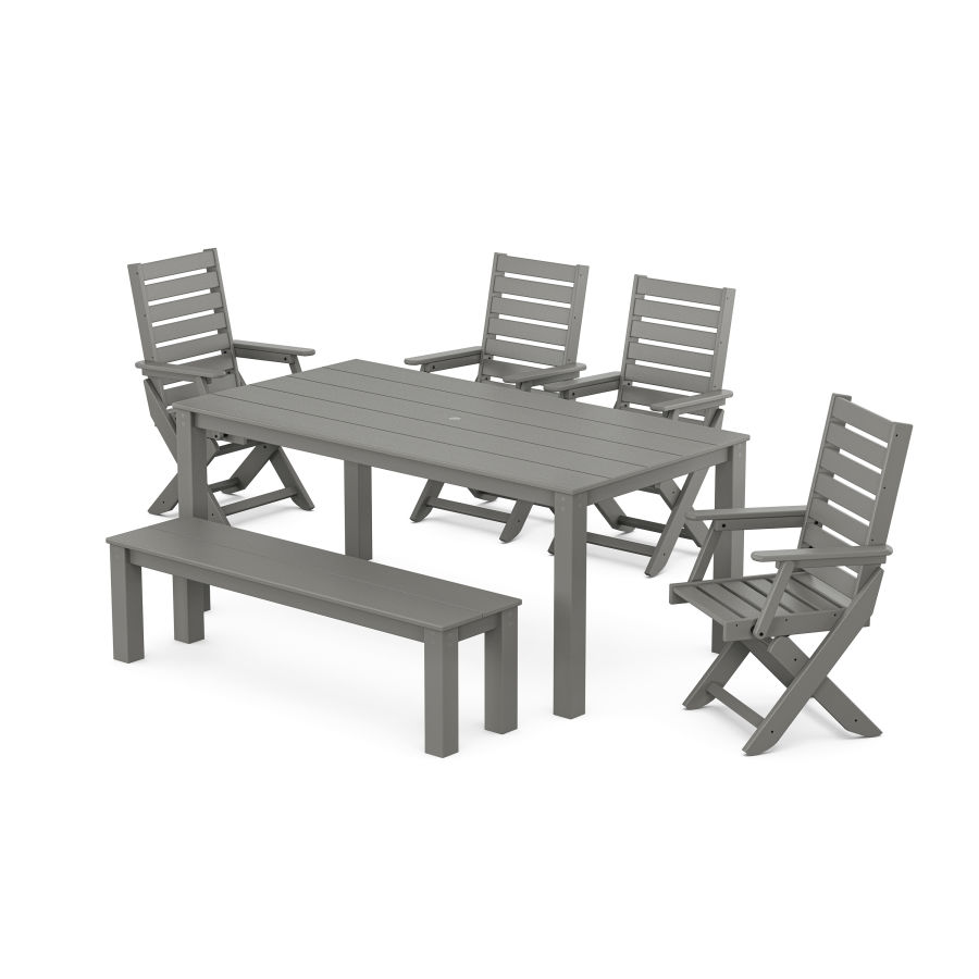 POLYWOOD Captain Folding Chair 6-Piece Parsons Dining Set with Bench in Slate Grey