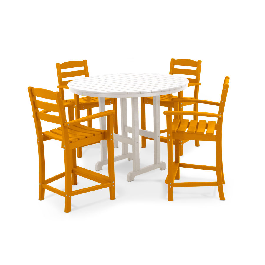 POLYWOOD La Casa Café 5-Piece Round Farmhouse Counter Set in Tangerine / White