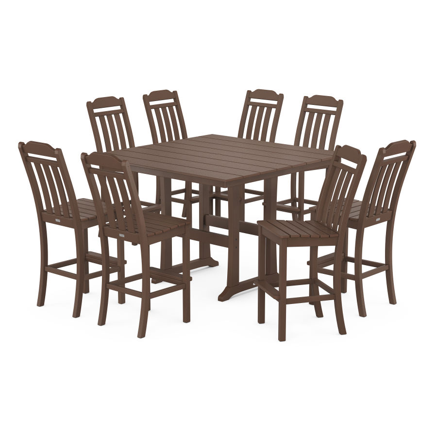POLYWOOD Country Living 9-Piece Square Farmhouse Side Chair Bar Set with Trestle Legs in Mahogany