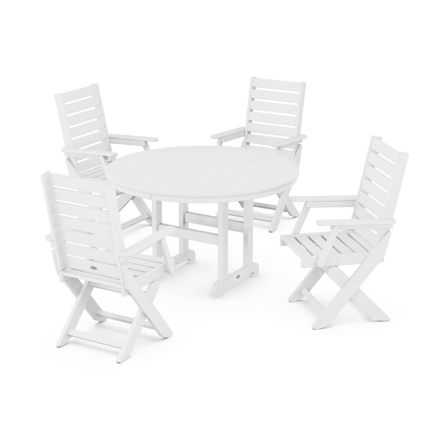 POLYWOOD Captain Folding Chair 5-Piece Round Dining Set in White