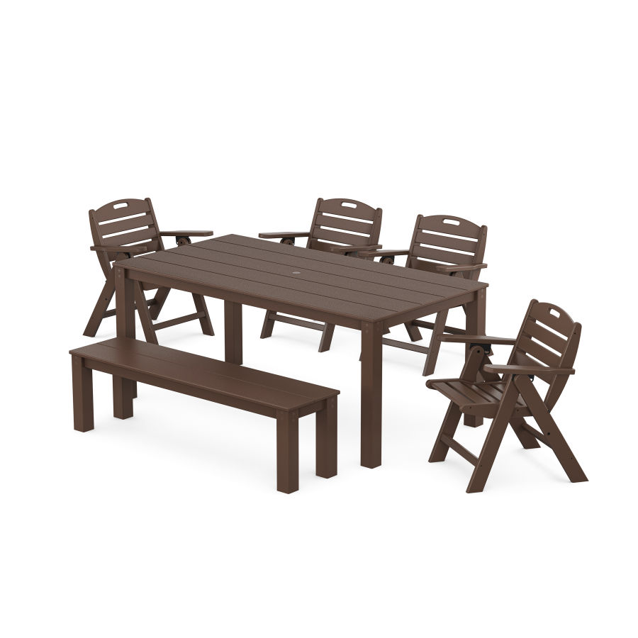 POLYWOOD Nautical Folding Lowback Chair 6-Piece Parsons Dining Set with Bench in Mahogany