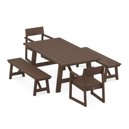 POLYWOOD EDGE 5-Piece Rustic Farmhouse Dining Set With Trestle Legs in Mahogany