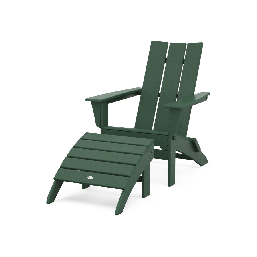 POLYWOOD Modern Folding Adirondack Chair 2-Piece Set with Ottoman in Green