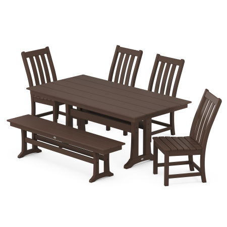 Vineyard 6-Piece Farmhouse Trestle Side Chair Dining Set with Bench in Mahogany