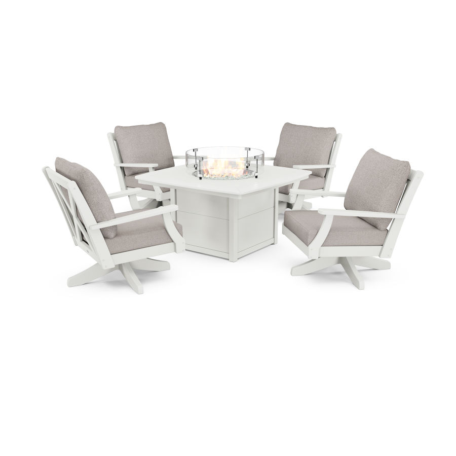 POLYWOOD Braxton 5-Piece Deep Seating Swivel Conversation Set with Fire Pit Table in Vintage White / Weathered Tweed