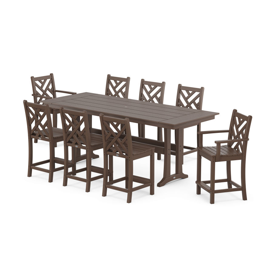 POLYWOOD Chippendale 9-Piece Farmhouse Counter Set with Trestle Legs in Mahogany